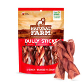Natural Farm Odor-Free Braided Bully Sticks 4-5 inch pack for dogs; long-lasting chew.