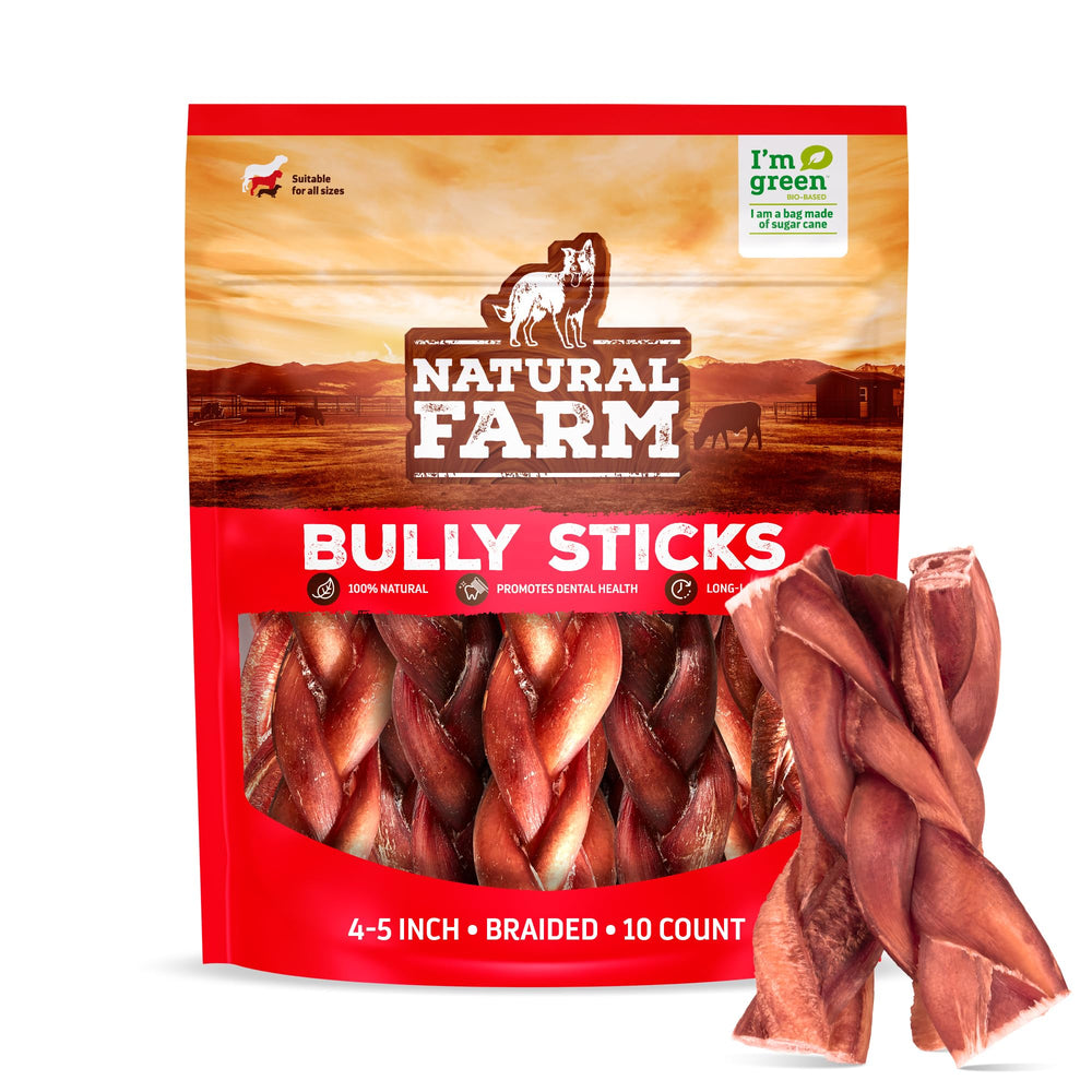 Natural Farm odor-free braided bully sticks 4-5 inch pack for dogs—long-lasting chew.