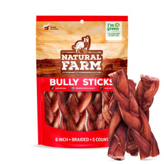 Natural Farm Odor-Free Braided Bully Sticks 6-inch 5-pack for long-lasting chew and dental stimulation