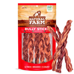 Natural Farm Odor-Free Bully Sticks 12-inch pack front view, long-lasting chew.