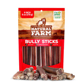 Natural Farm Odor-Free Bully Sticks 6-inch packaging by weight, highlighting quality and weight accuracy for dogs