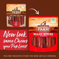 Natural Farm odor-free bully sticks for dogs eating, supports dental health.