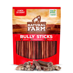 Natural FarmOdor-Free Bully Sticks packaging shows premium beef chews for dogs.