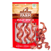 Natural Farm odor-free curly bully sticks for dogs, 10-12 inch, easy to store.
