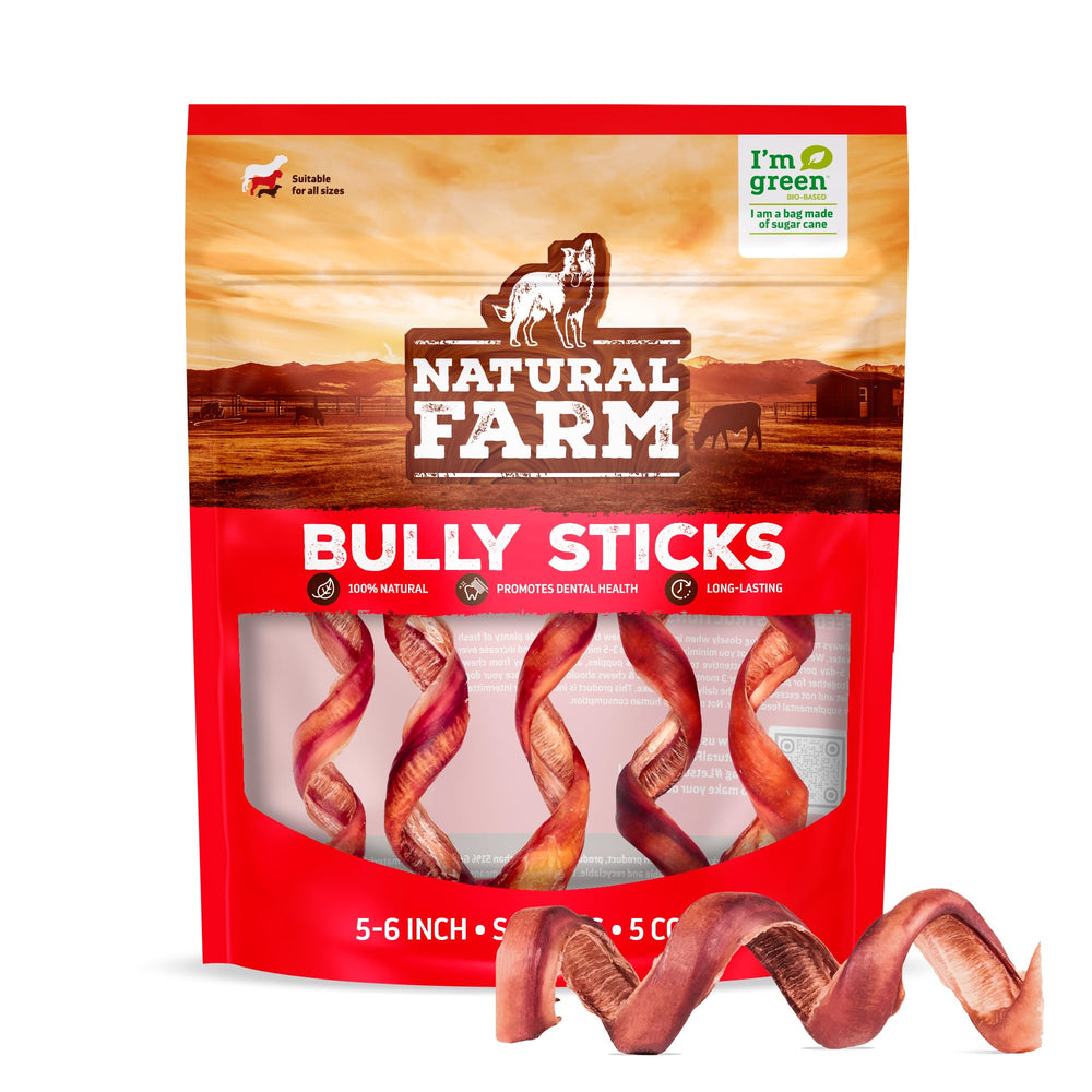 Natural Farm Odor-Free Curly Bully Sticks pack shot for easy 5–6 inch chews