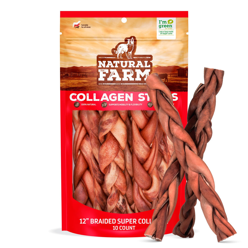 Natural Farm odor-free braided collagen chews in a 12-inch pack for extended chew time