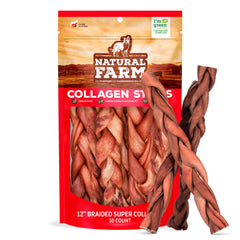 Natural Farm odor-free braided collagen chews in a 12-inch pack for extended chew time