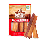 Natural Farm odor-free thick bully sticks in 6-inch form, ideal for long chew sessions.