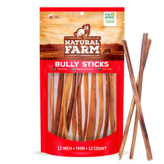 Natural Farm Odor-Free Thin Bully Sticks 12-inch 12-pack for heavy chewers