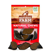 Natural Farm peanut butter filled cow hooves, pack front, long-lasting chews for dogs.