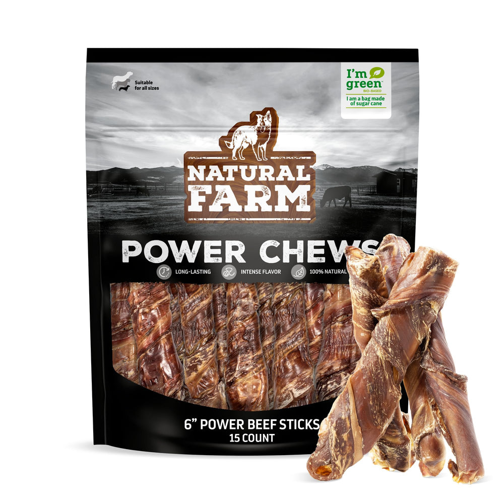 Natural Farm Power Beef Sticks packaging showing dual-texture chew for longer engagement
