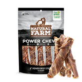 Natural Farm Power Beef Sticks packaging shown for durable dog chews.
