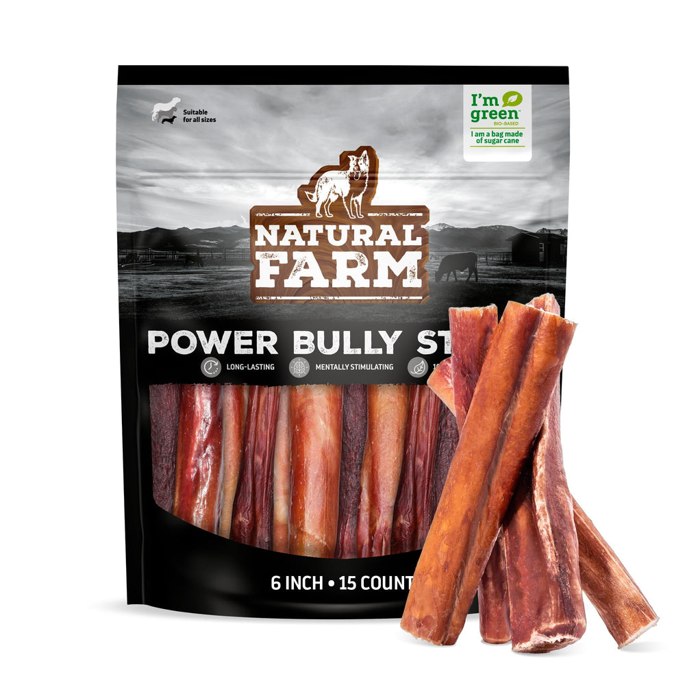 Natural Farm Power Bully Sticks 15-pack packaging for convenient, long-lasting chews.