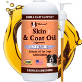 Natural Dog Company Skin & Coat Oil pump bottle for easy daily dosing to support coat health.