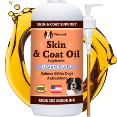 Natural Dog Company Skin & Coat Oil pump bottle for easy daily dosing to support coat health.