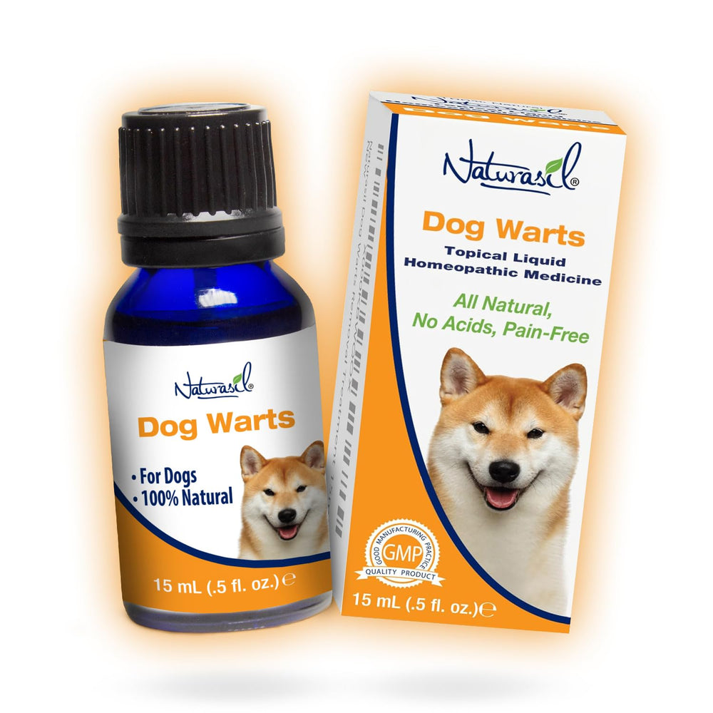 Naturasil dog warts remover bottle and pour for easy at-home application.