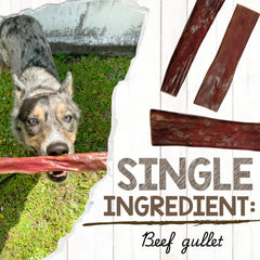 Beef gullet chews 9-10 inch sticks laid out for large dogs.