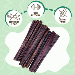 Texture close-up of Nature Gnaws Beef Gullet Sticks reveals a durable chew for small and medium dogs.