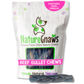 Nature Gnaws Braided Beef Gullet Chews pack closeup shows a low-odor, grain-free snack