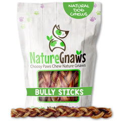 Nature Gnaws braided bully sticks package with 11-12 inch chews, long-lasting entertainment.