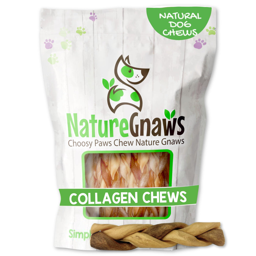 Nature Gnaws braided collagen sticks 6-inch chew ideal for aggressive chewers.