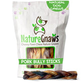 Nature Gnaws braided pork bully sticks closeup; savory chew for focused play