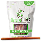 Nature Gnaws Large Bully Sticks packaging and sticks for long-lasting chewing.
