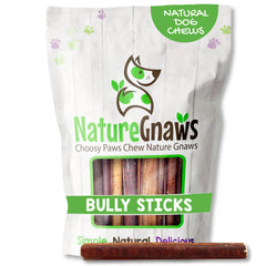 Nature Gnaws Large Bully Sticks packshot, the natural beef chew that helps keep dogs engaged.
