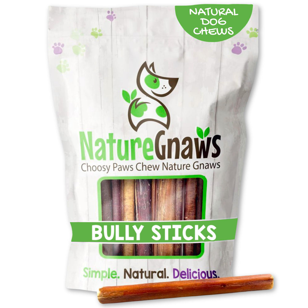 Nature Gnaws Small Bully Sticks packaging shows a grain-free chew option for dogs.