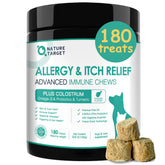 Nature Target Dog Allergy Chews packaging promotes easy allergy relief and skin comfort.
