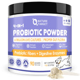 NATURE TARGET dog probiotics bottle shows 6B CFU for gut support.