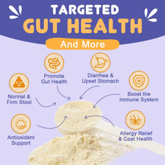 NATURE TARGET probiotic powder being scooped into dog food for daily balance.
