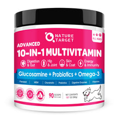 Nature Target dog vitamins powder bottle supports daily wellness when mixed into meals