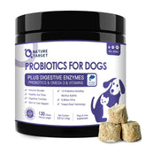 NATURE TARGET Probiotics for Dogs bottle packaging highlights shelf-stable, convenient serving.