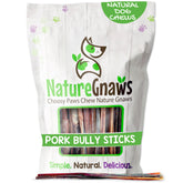 Nature Gnaws pork bully sticks for small dogs, packaging front, natural long-lasting chew.