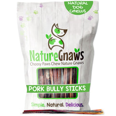 Nature Gnaws pork bully sticks for small dogs, packaging front, natural long-lasting chew.