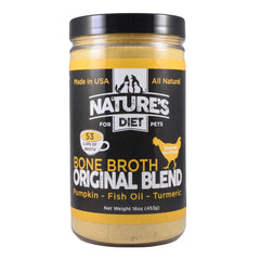 Nature's Diet bone broth powder canister offers ready-to-mix nutrition for meals.