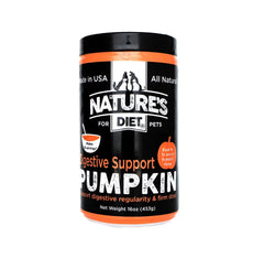 Nature's Diet pumpkin powder bottle highlights human-grade ingredients for digestive support.