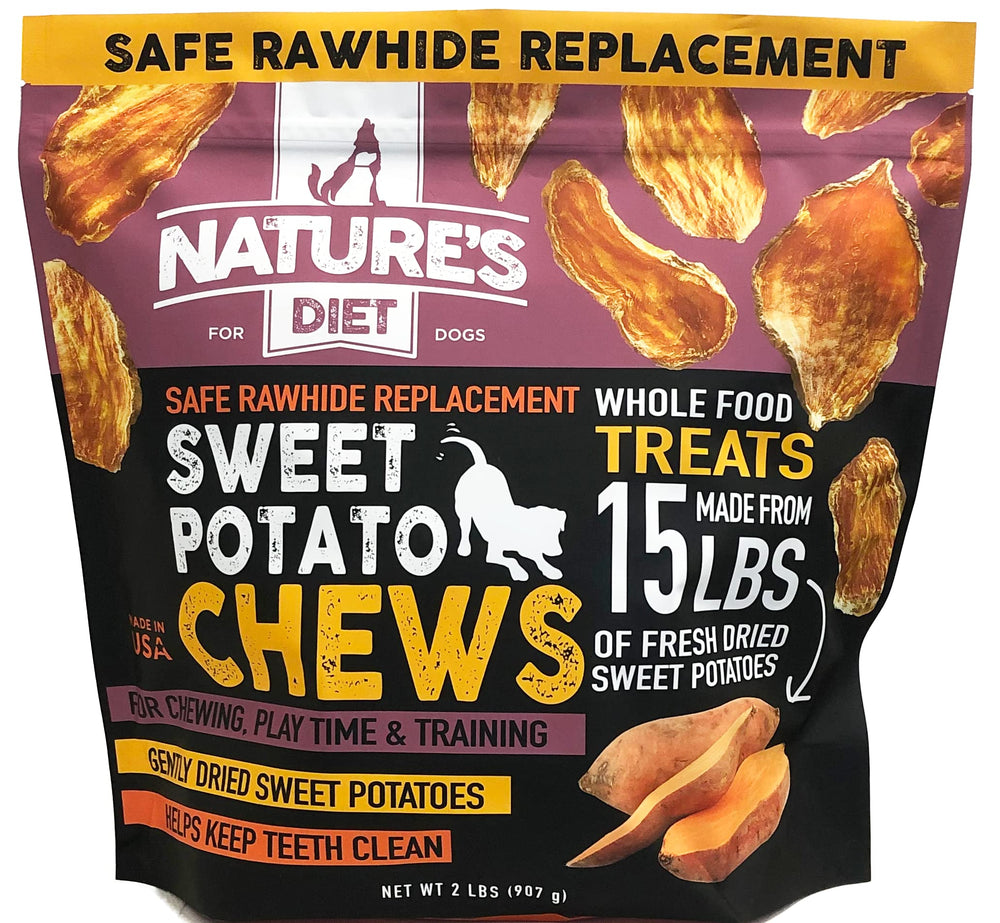 Nature's Diet Sweet Potato Chews XL packaging shows natural ingredients for healthy canine snacking.