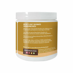 Nature's Logic bone broth powder jar close-up highlighting 24 kcal per tablespoon.