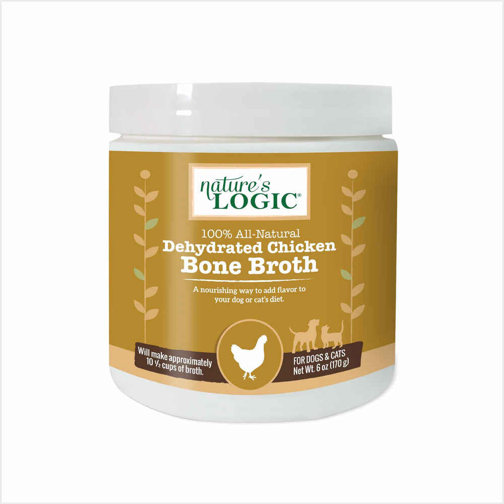 Nature's Logic dehydrated chicken bone broth powder packaging, gluten-free topper for meals.