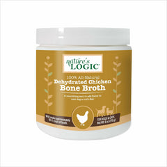 Nature's Logic dehydrated chicken bone broth powder packaging, gluten-free topper for meals.