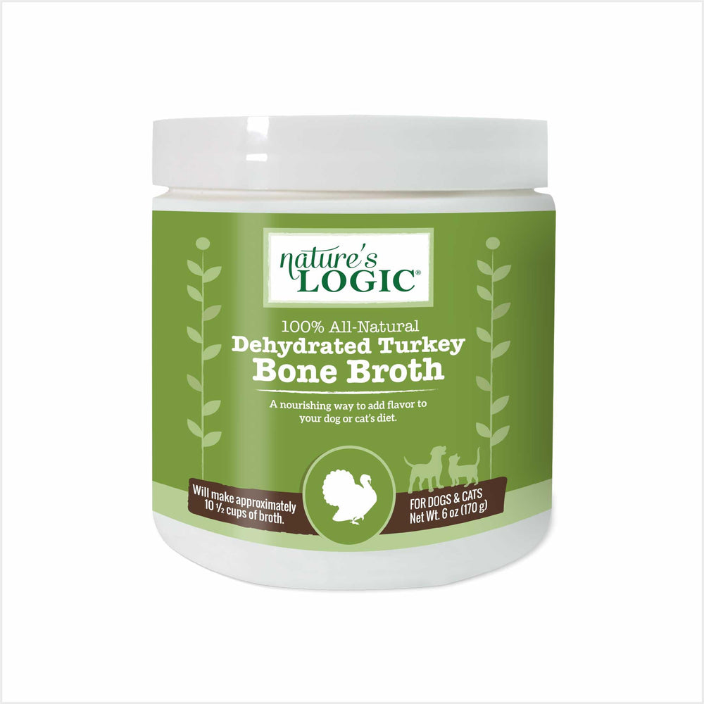 Nature's Logic Dehydrated Turkey Bone Broth Powder topper on kibble for extra hydration