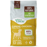 Nature's Logic dry dog food bag shows chicken meal for all life stages.