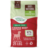 Nature's Logic Grain-Free Beef Meal Feast bag front showing high-protein formula for all life stages.