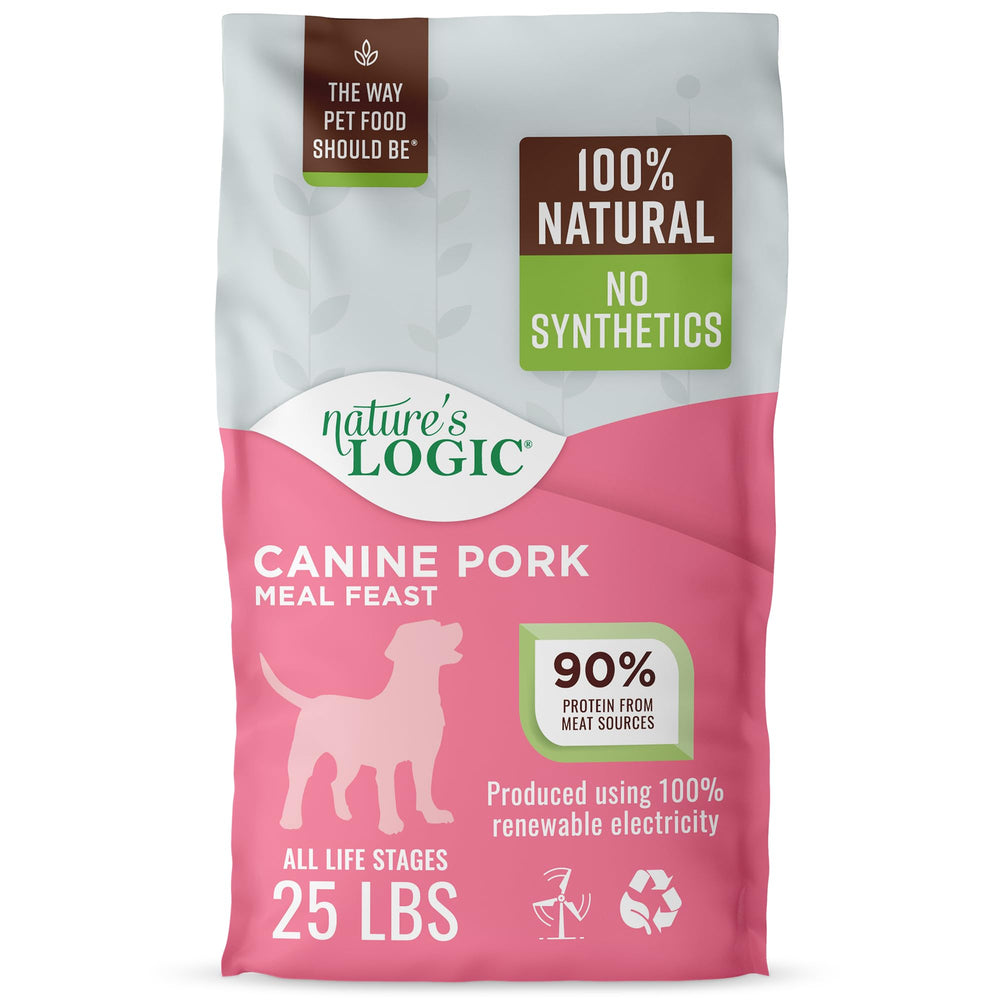 NATURE'S LOGIC Pork Meal Feast bowl serving a protein-rich meal for active dogs.