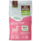 NATURE'S LOGIC Pork Meal Feast bowl serving a protein-rich meal for active dogs.
