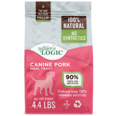 Nature's Logic Pork Meal Feast dry dog food bag highlights high-protein nutrition.
