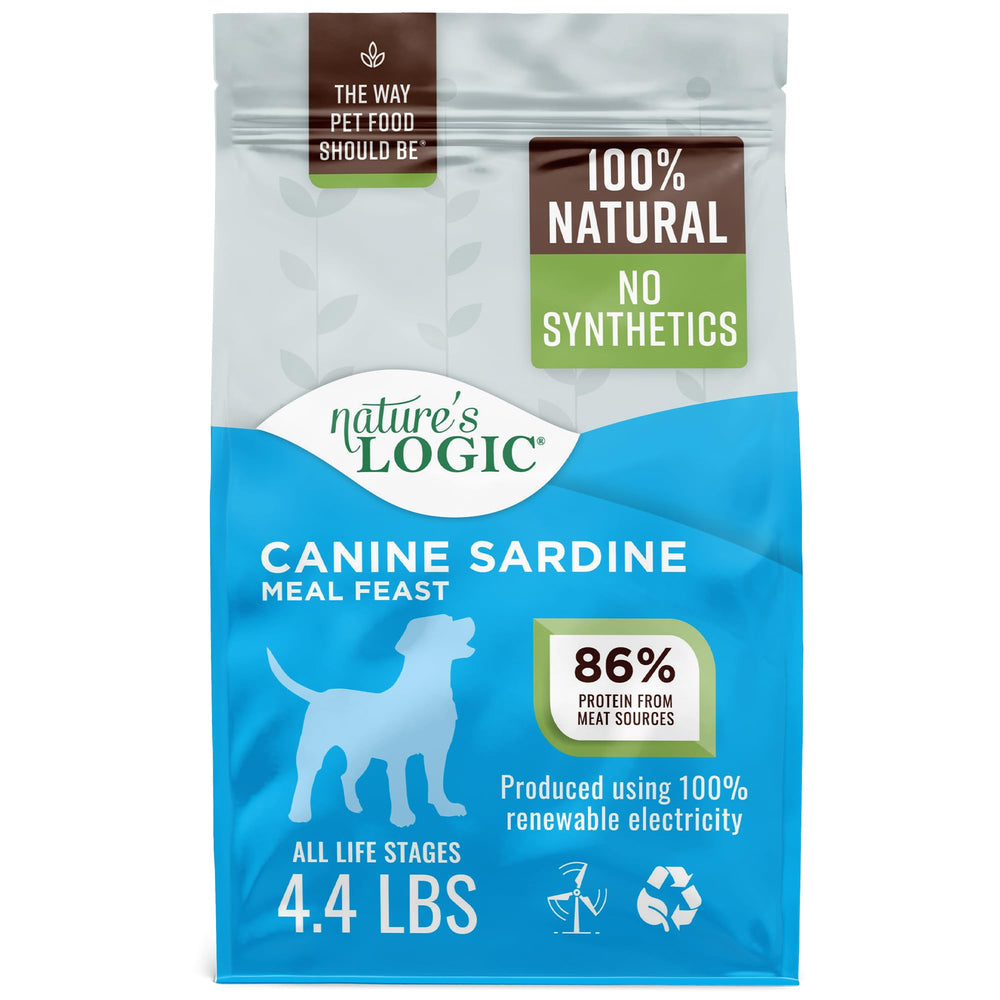 Nature's Logic Sardine Meal Feast dry dog food bag highlighting protein-rich recipe for all ages
