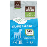 Nature's Logic Sardine Meal Feast dry dog food bag highlighting protein-rich recipe for all ages